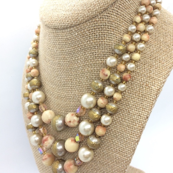 VINTAGE JAPAN 60s BEAD AB AURORA BOUREALIS MULTI LAYER COLLAR CHOKER NECKLACE - Picture 5 of 16